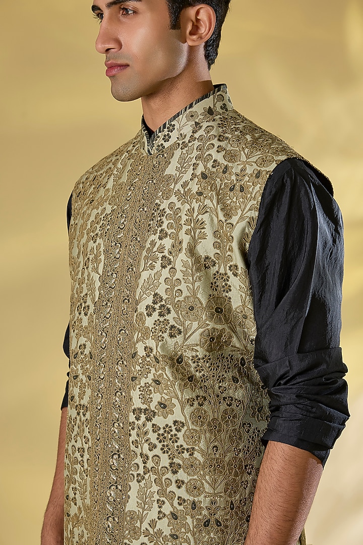 Gold Slubless Dupion Dori Embroidered Nehru Jacket by JJ Valaya Men at Pernia's Pop Up Shop