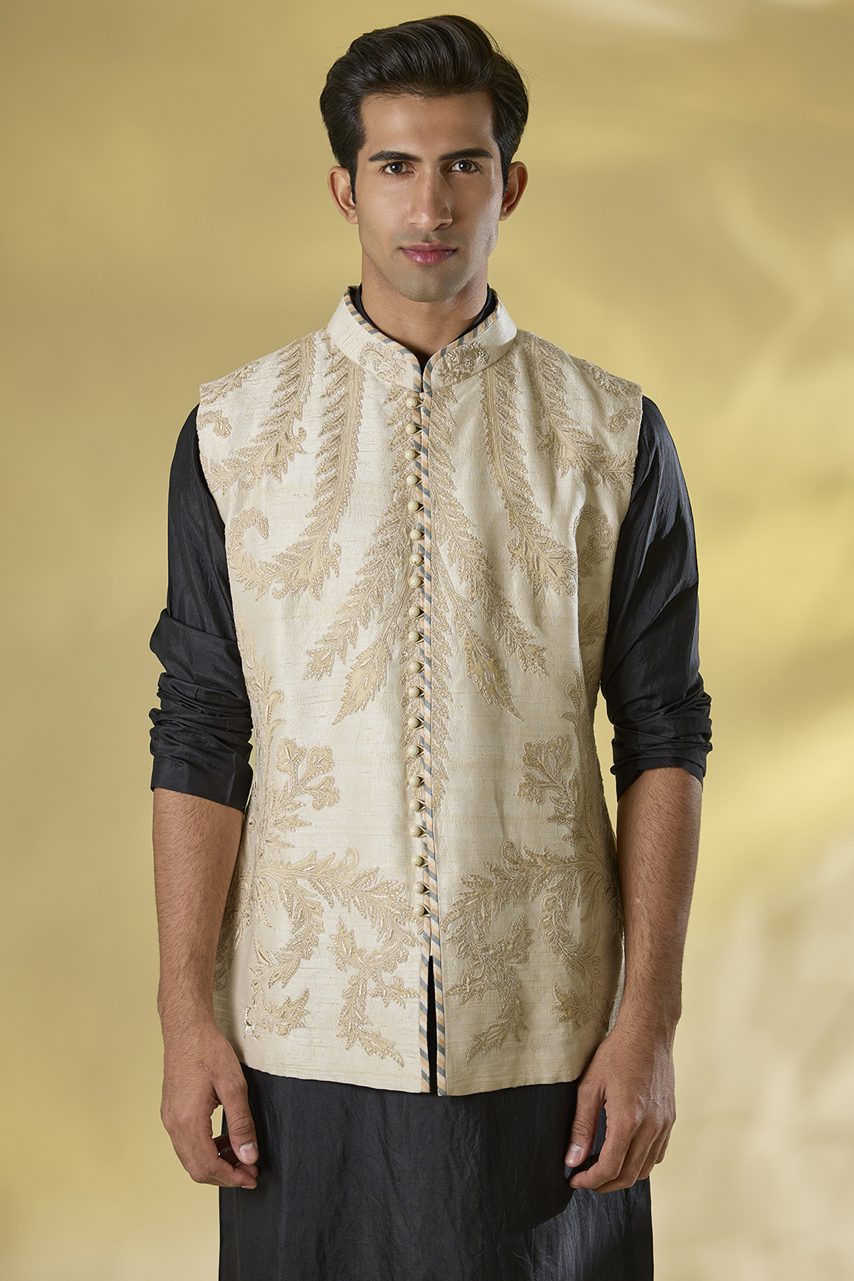 Beige Raw Silk Hand Embroidered Striped Nehru Jacket by JJ Valaya Men