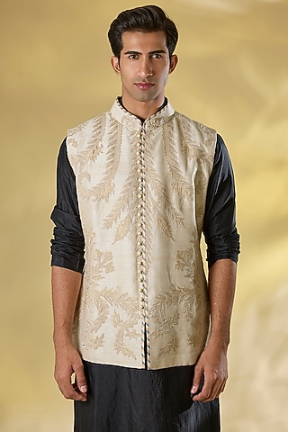 Beige Raw Silk Hand Embroidered Striped Nehru Jacket by JJ Valaya Men