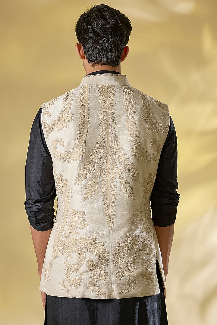 Beige Raw Silk Hand Embroidered Striped Nehru Jacket by JJ Valaya Men at Pernia's Pop Up Shop