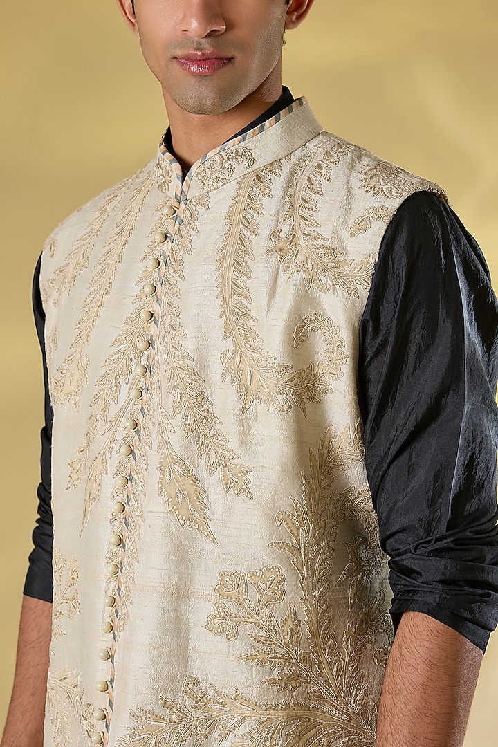 Beige Raw Silk Hand Embroidered Striped Nehru Jacket by JJ Valaya Men at Pernia's Pop Up Shop