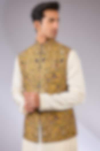 Mustard & Blue Silk Bundi Jacket  by JJ Valaya Men
