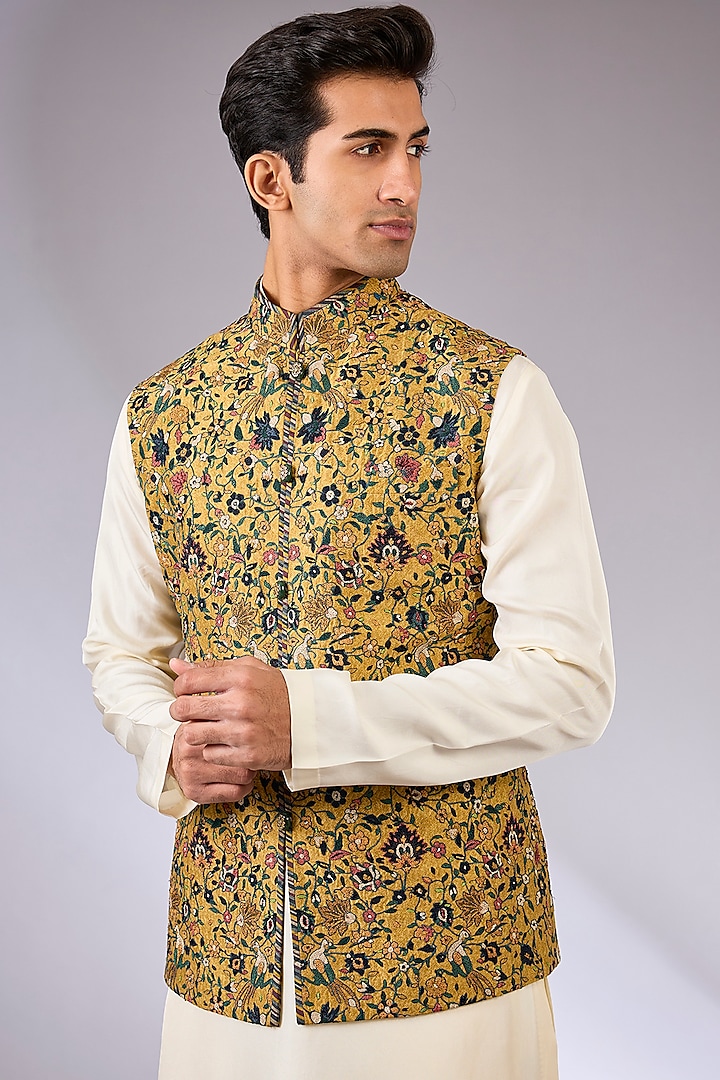 Mustard & Blue Silk Bundi Jacket  by JJ Valaya Men