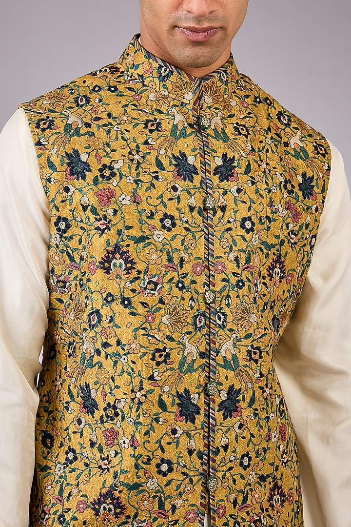 Mustard & Blue Silk Bundi Jacket by JJ Valaya Men at Pernia's Pop Up Shop