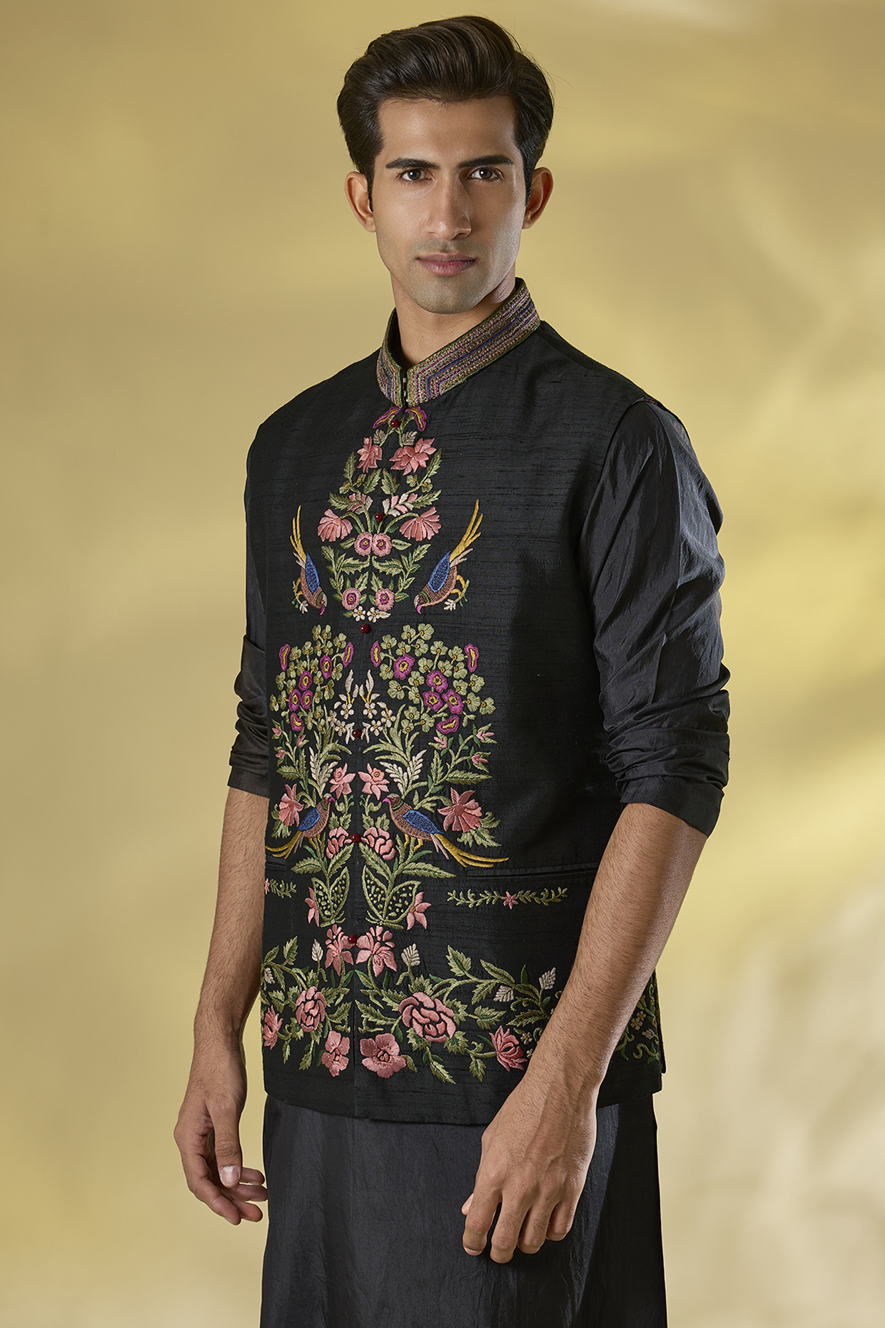 Black Raw Silk Thread Embroidered Nehru Jacket by JJ Valaya Men