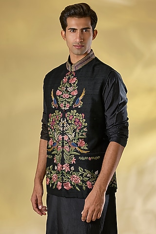 Black Raw Silk Thread Embroidered Nehru Jacket by JJ Valaya Men