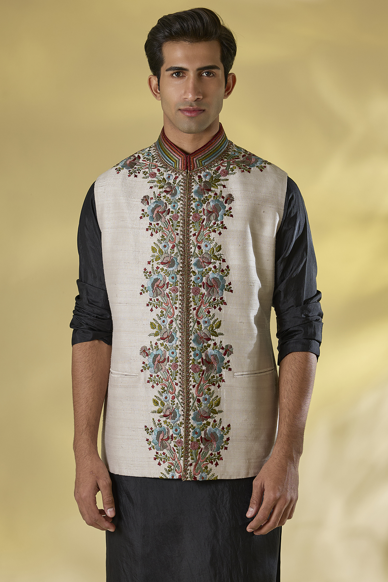 Ivory Raw Silk Resham Embroidered Nehru Jacket by JJ Valaya Men