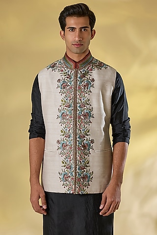 Ivory Raw Silk Resham Embroidered Nehru Jacket by JJ Valaya Men