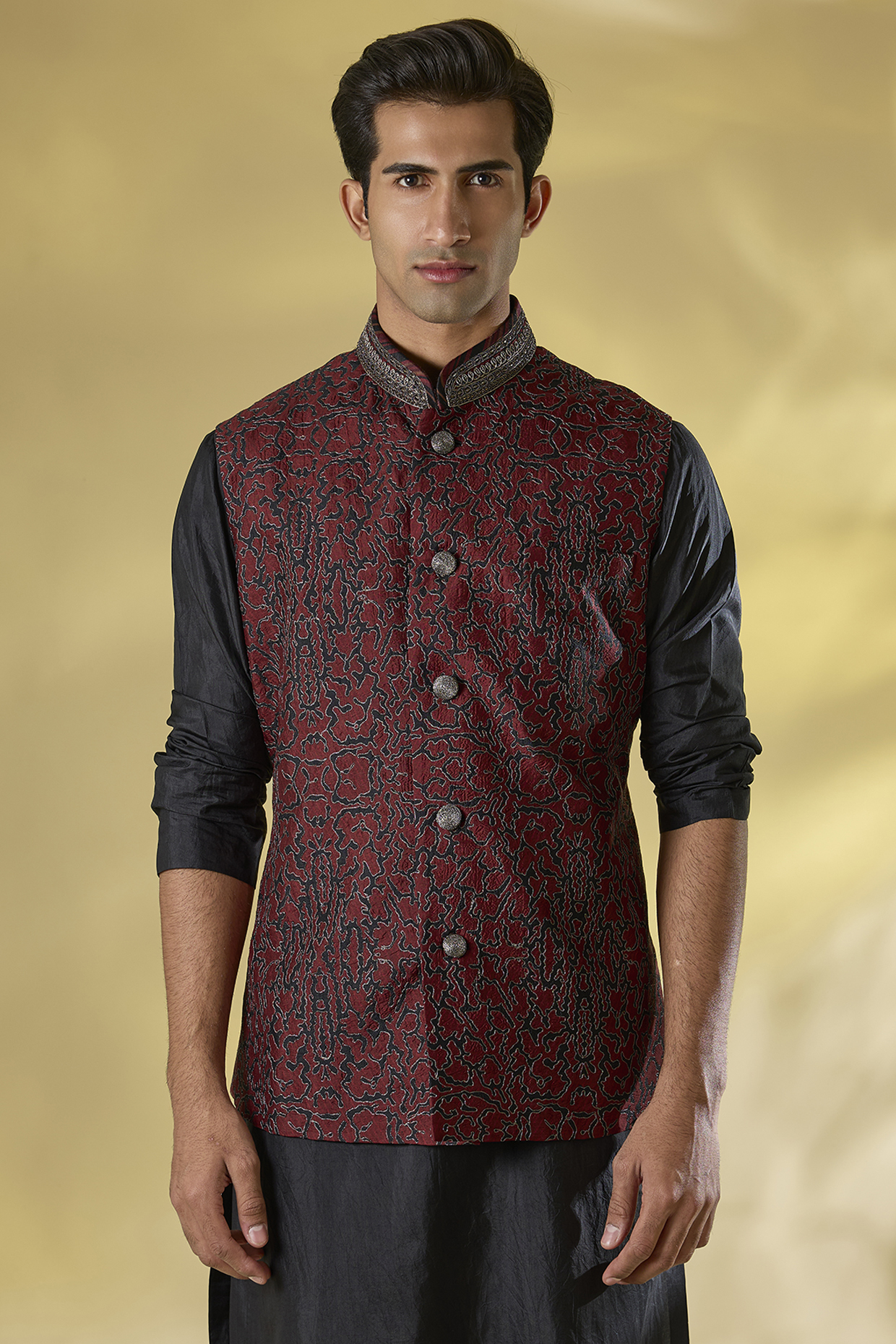 Maroon Slubless Dupion Dabka Embroidered Nehru Jacket by JJ Valaya Men