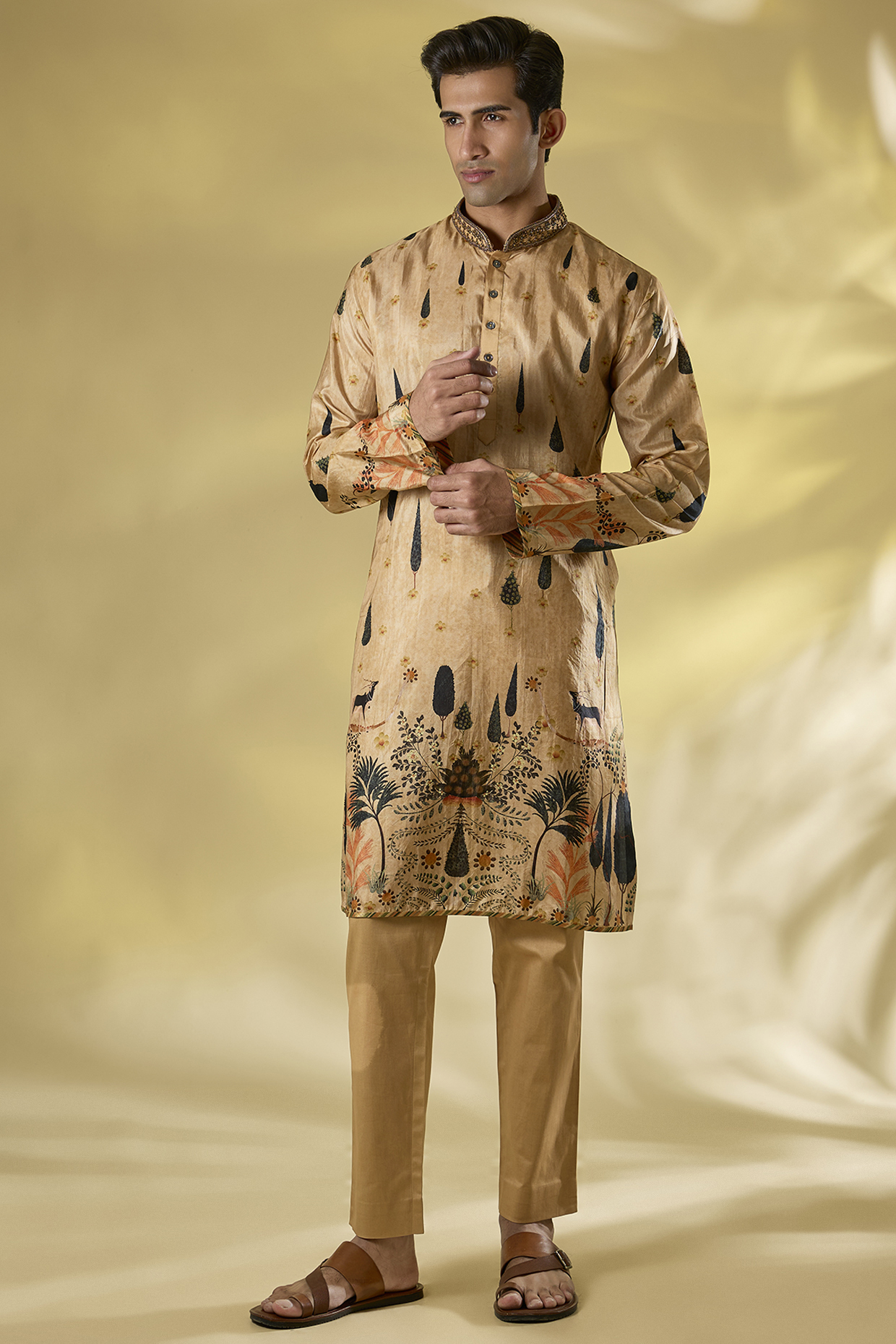 Earthy Mustard Mulberry Silk Embroidered Kurta Set by JJ Valaya Men