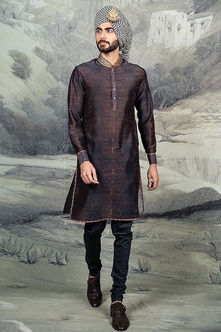 Navy Blue Silk Kurta Set by JJ Valaya Men at Pernia's Pop Up Shop