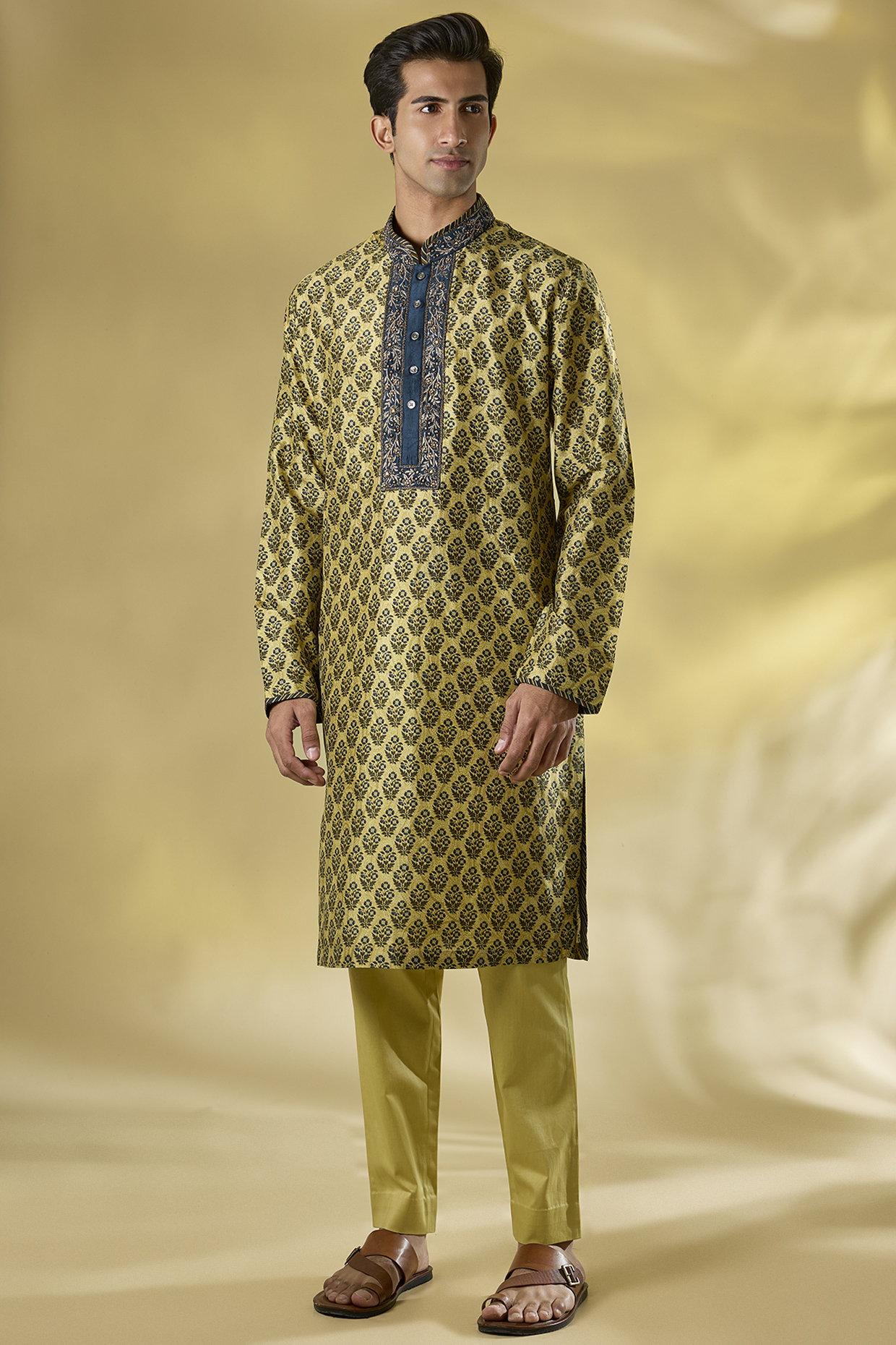 Olive Mustard Mulberry Silk Embroidered Kurta Set by JJ Valaya Men