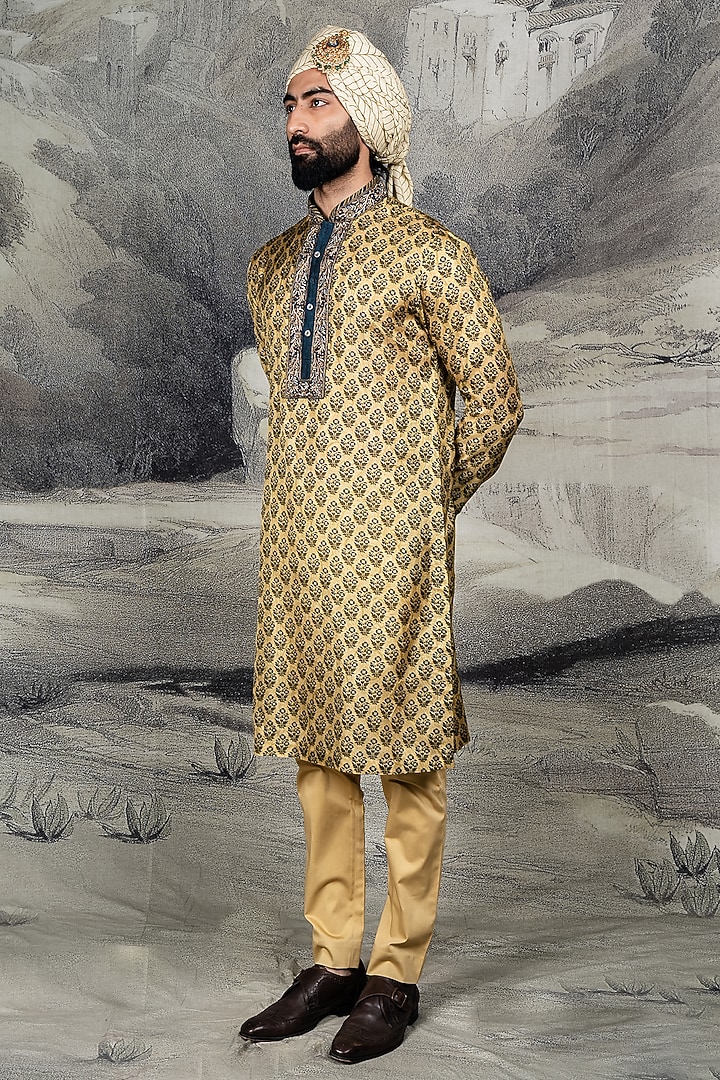 Olive Mustard Mulberry Silk Embroidered Kurta Set by JJ Valaya Men at Pernia's Pop Up Shop