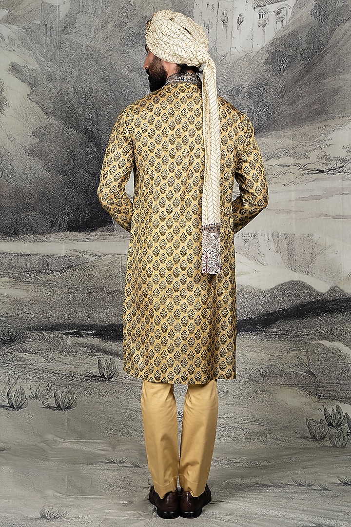 Olive Mustard Mulberry Silk Embroidered Kurta Set by JJ Valaya Men at Pernia's Pop Up Shop