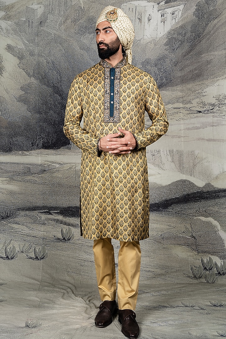 Olive Mustard Mulberry Silk Embroidered Kurta Set by JJ Valaya Men at Pernia's Pop Up Shop