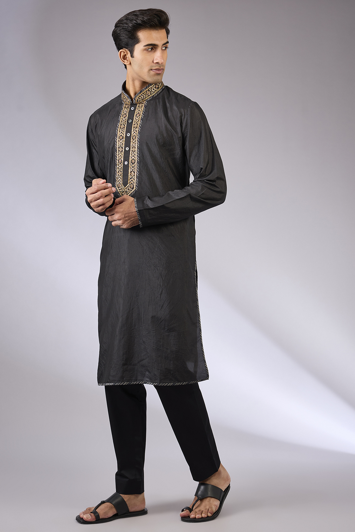 Black Silk Kurta Set by JJ Valaya Men