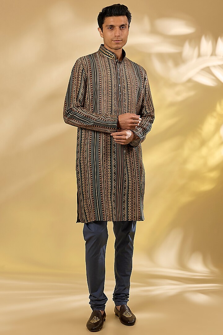 Prussian Blue Silk Kurta Set by JJ Valaya Men