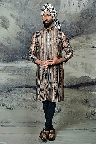 Prussian Blue Silk Kurta Set by JJ Valaya Men