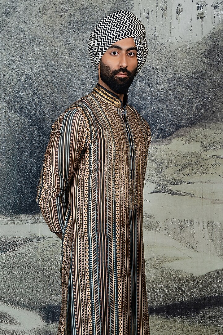 Prussian Blue Silk Kurta Set by JJ Valaya Men at Pernia's Pop Up Shop
