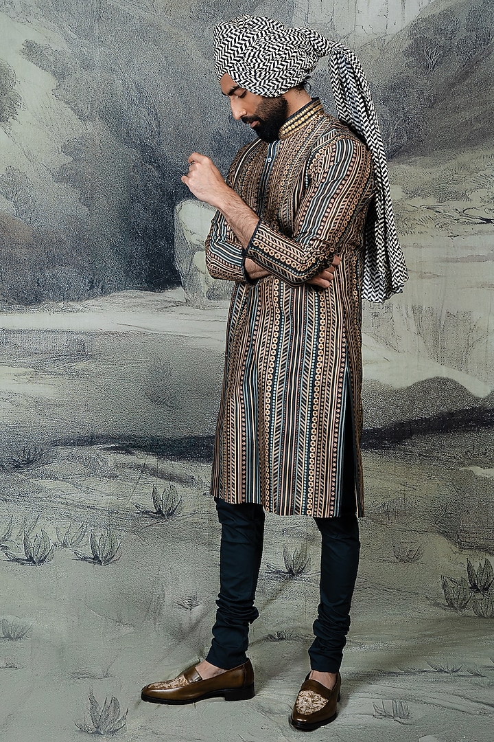 Prussian Blue Silk Kurta Set by JJ Valaya Men at Pernia's Pop Up Shop