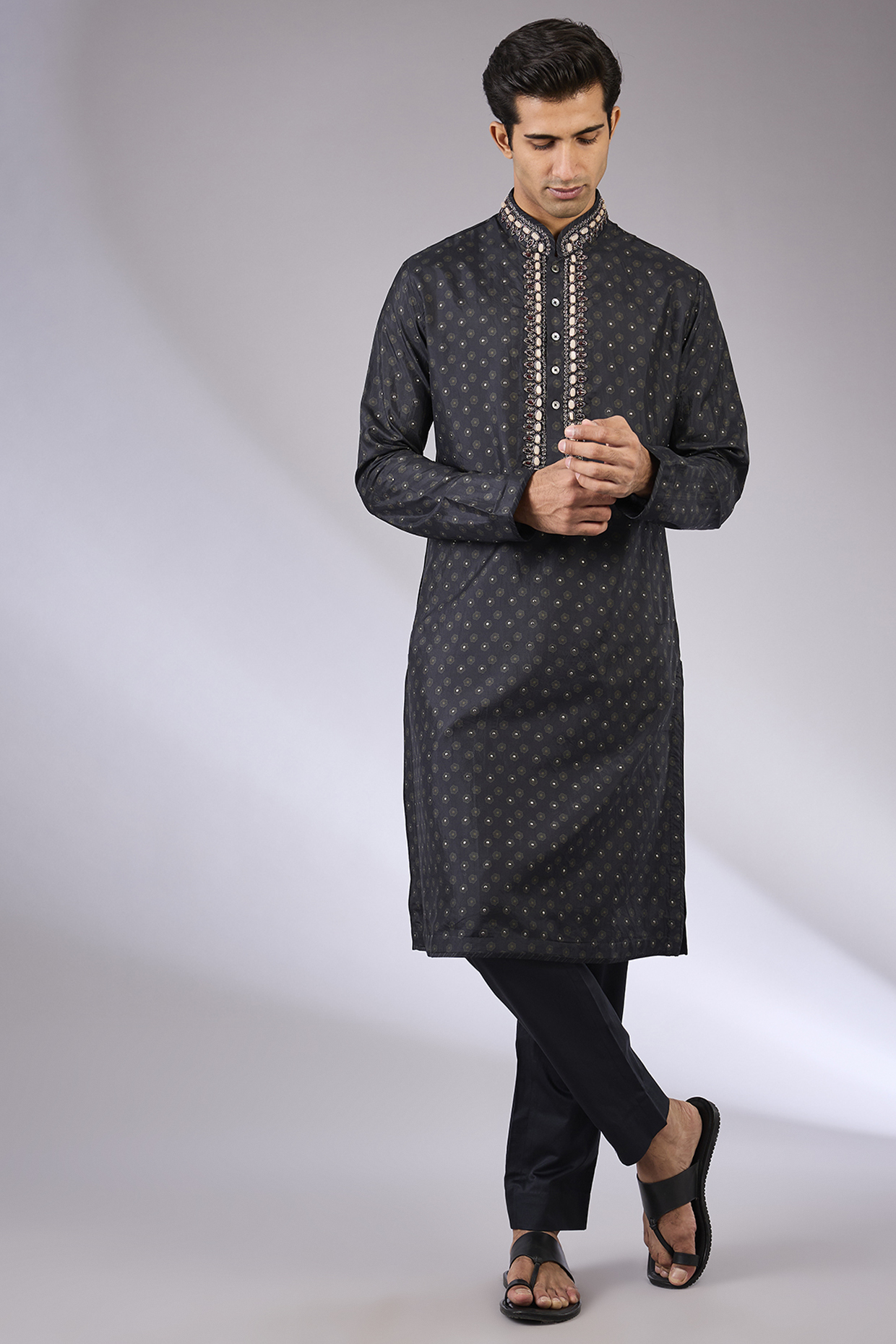 Midnight Blue Silk Kurta Set by JJ Valaya Men