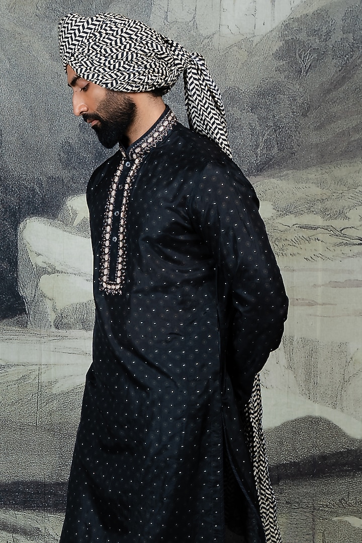Midnight Blue Silk Kurta Set by JJ Valaya Men at Pernia's Pop Up Shop