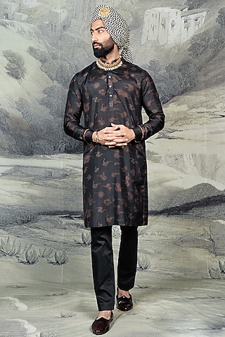 Midnight Blue Silk Kurta Set by JJ Valaya Men