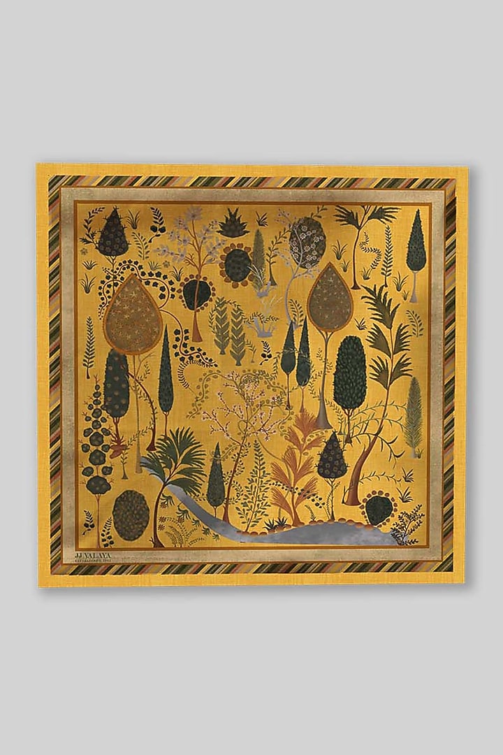 Yellow Silk Printed Pocket Square by JJ Valaya Men at Pernia's Pop Up Shop