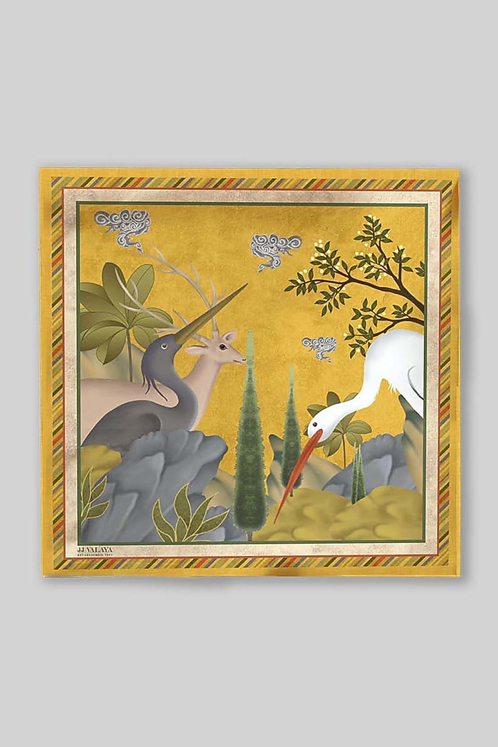 Yellow Silk Printed Pocket Square by JJ Valaya Men at Pernia's Pop Up Shop