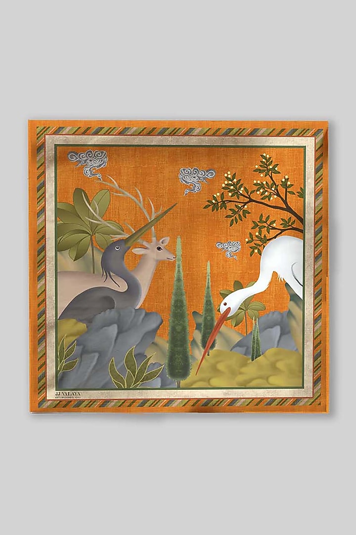 Deep Saffron Silk Printed Pocket Square by JJ Valaya Men at Pernia's Pop Up Shop