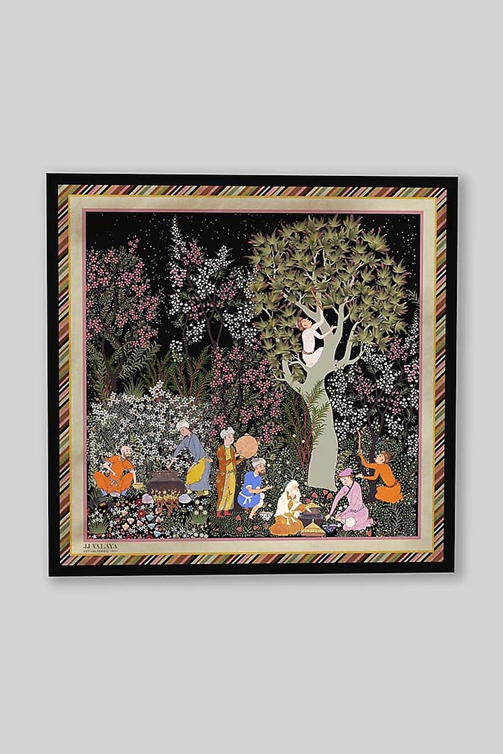 Black Silk Printed Pocket Square by JJ Valaya Men at Pernia's Pop Up Shop