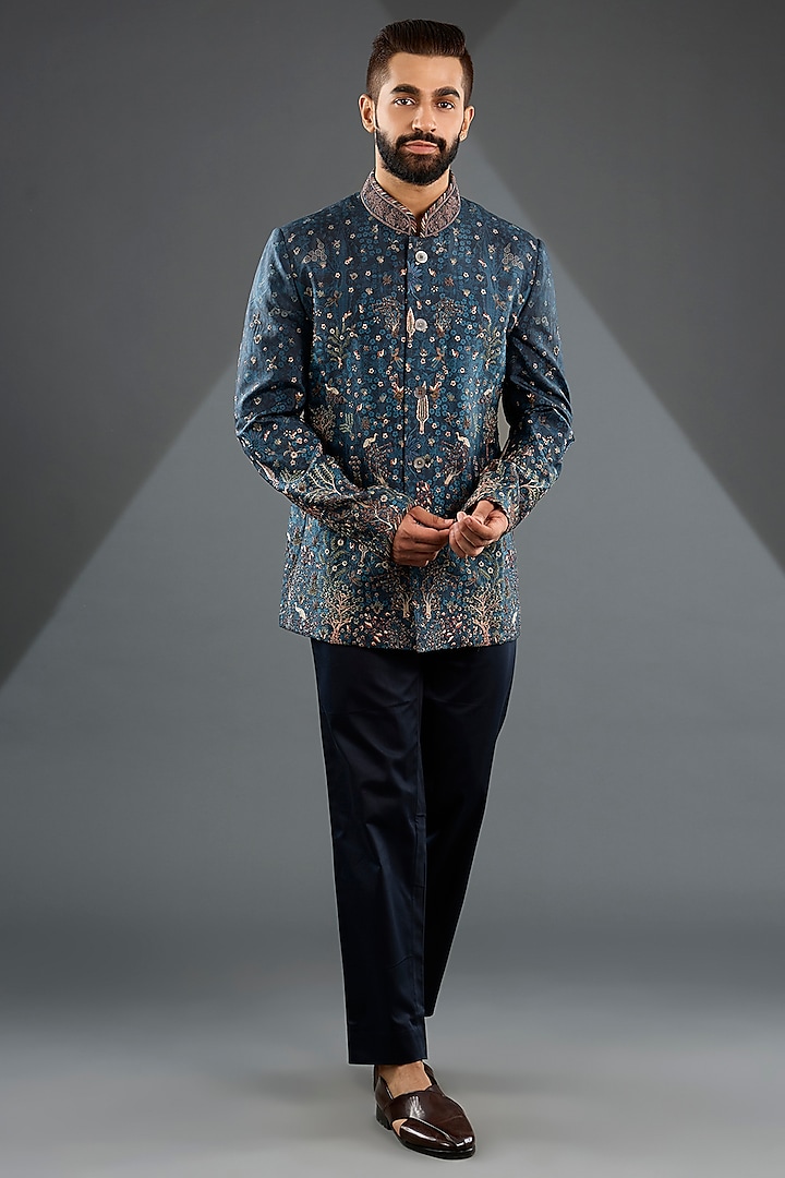 Midnight Blue Silk Embroidered Bandhgala Set by JJ Valaya Men