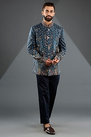 Midnight Blue Silk Embroidered Bandhgala Set by JJ Valaya Men