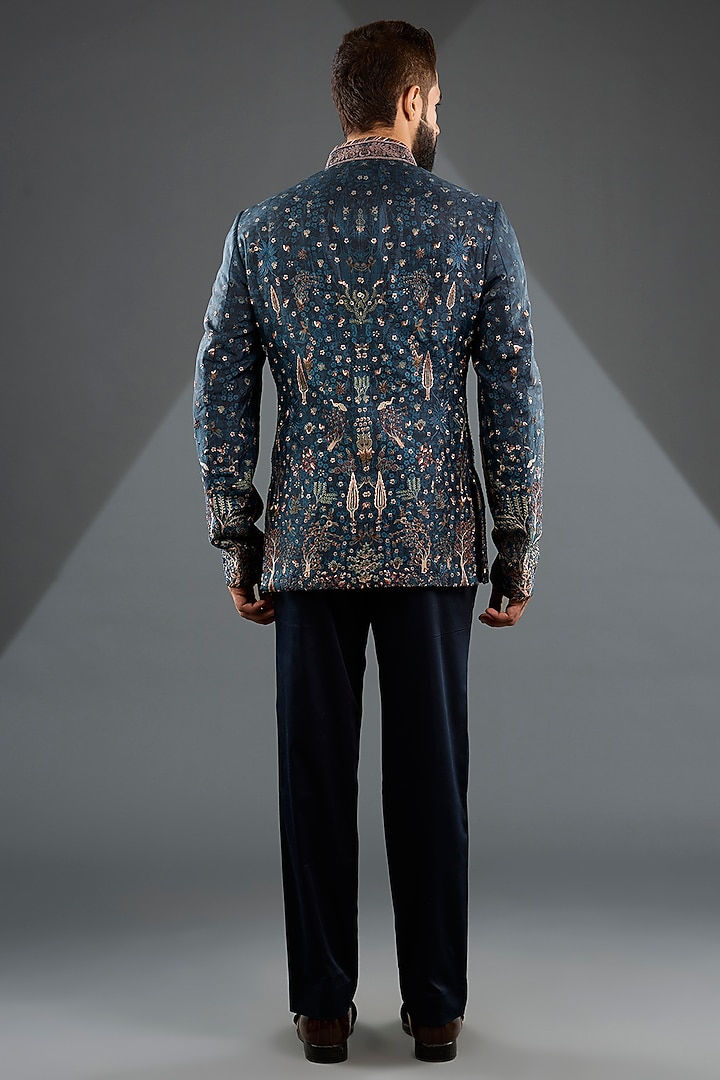 Midnight Blue Silk Embroidered Groom Bandhgala Set by JJ Valaya Men at Pernia's Pop Up Shop