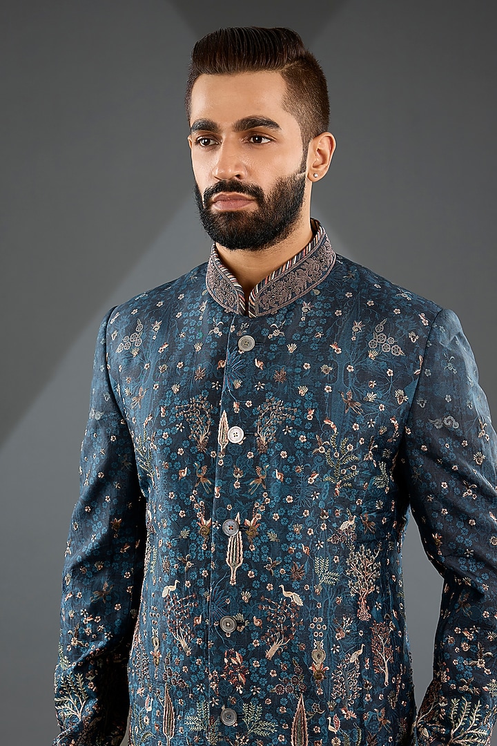 Midnight Blue Silk Embroidered Groom Bandhgala Set by JJ Valaya Men at Pernia's Pop Up Shop