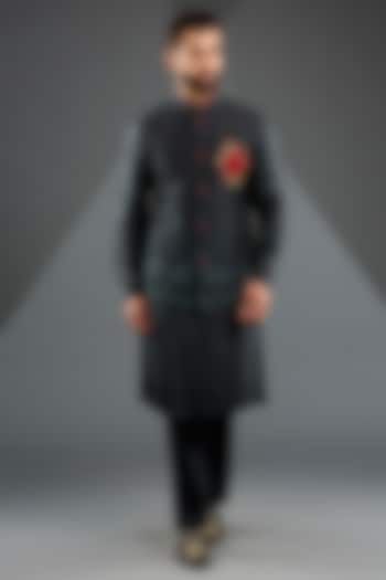 Black Silk Embroidered Bundi Jacket Set by JJ Valaya Men
