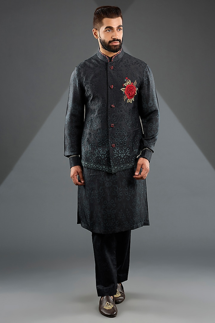 Black Silk Embroidered Bundi Jacket Set by JJ Valaya Men