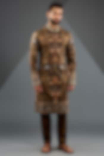 Mustard Silk Printed Kurta Set by JJ Valaya Men
