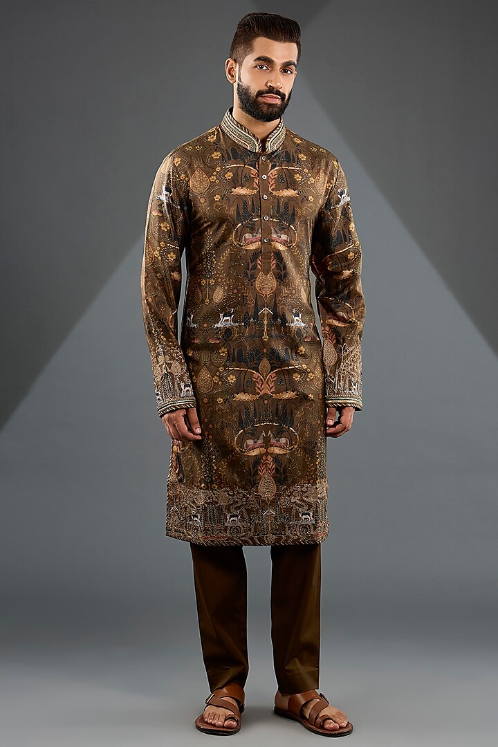 Mustard Silk Printed Kurta Set by JJ Valaya Men