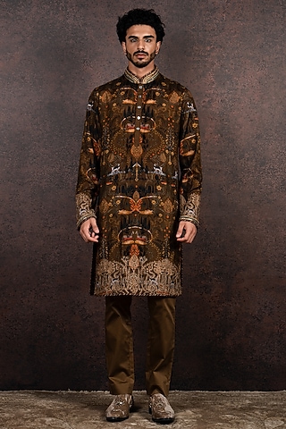 Mustard Silk Printed Kurta Set by JJ Valaya Men