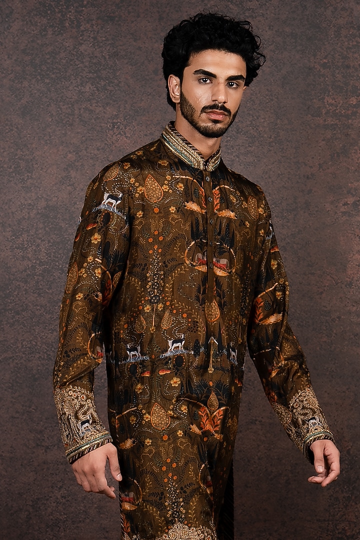 Mustard Silk Printed Kurta Set by JJ Valaya Men at Pernia's Pop Up Shop