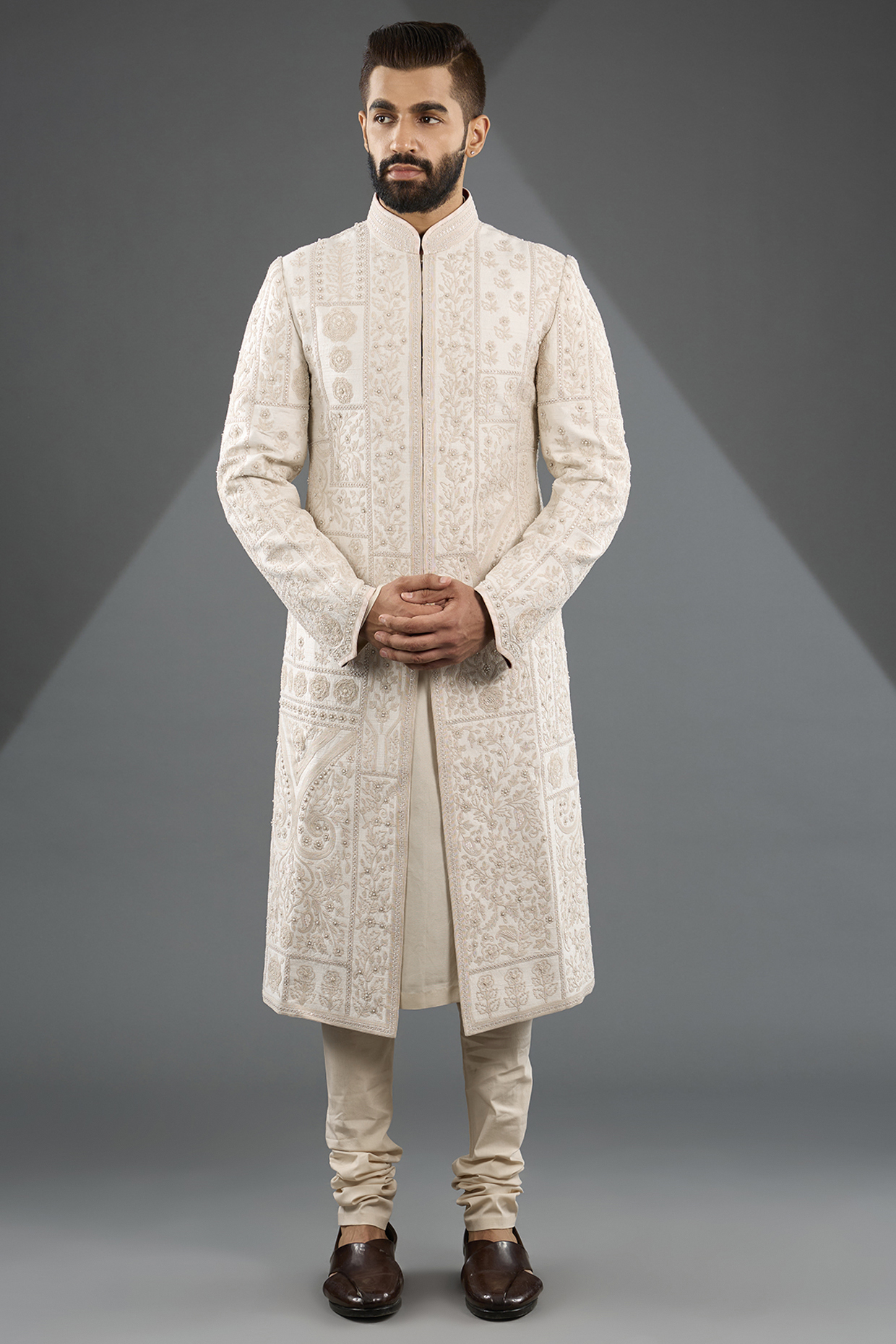 Ivory Silk Embroidered Sherwani Set by JJ Valaya Men