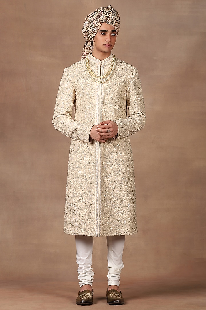 Ivory Silk Embroidered Groom Sherwani Set by JJ Valaya Men at Pernia's Pop Up Shop