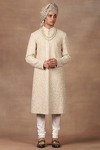 Ivory Silk Embroidered Sherwani Set by JJ Valaya Men