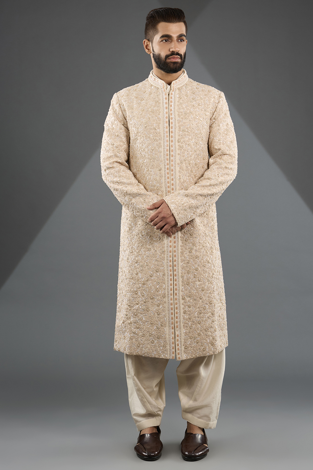 Ivory Silk Embroidered Sherwani Set by JJ Valaya Men