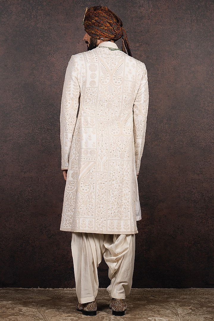 Ivory Silk Embroidered Groom Sherwani Set by JJ Valaya Men at Pernia's Pop Up Shop