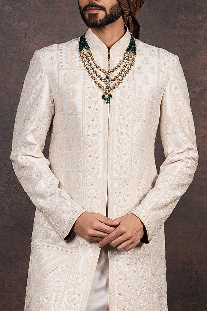 Ivory Silk Embroidered Groom Sherwani Set by JJ Valaya Men at Pernia's Pop Up Shop