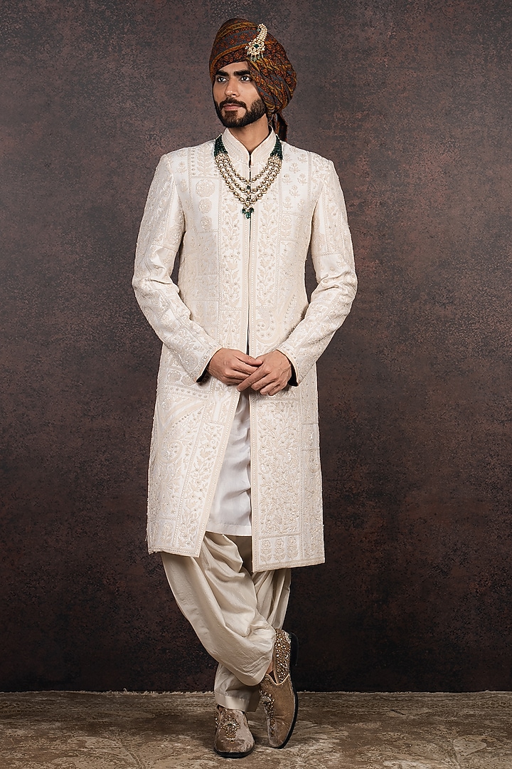 Ivory Silk Embroidered Groom Sherwani Set by JJ Valaya Men at Pernia's Pop Up Shop