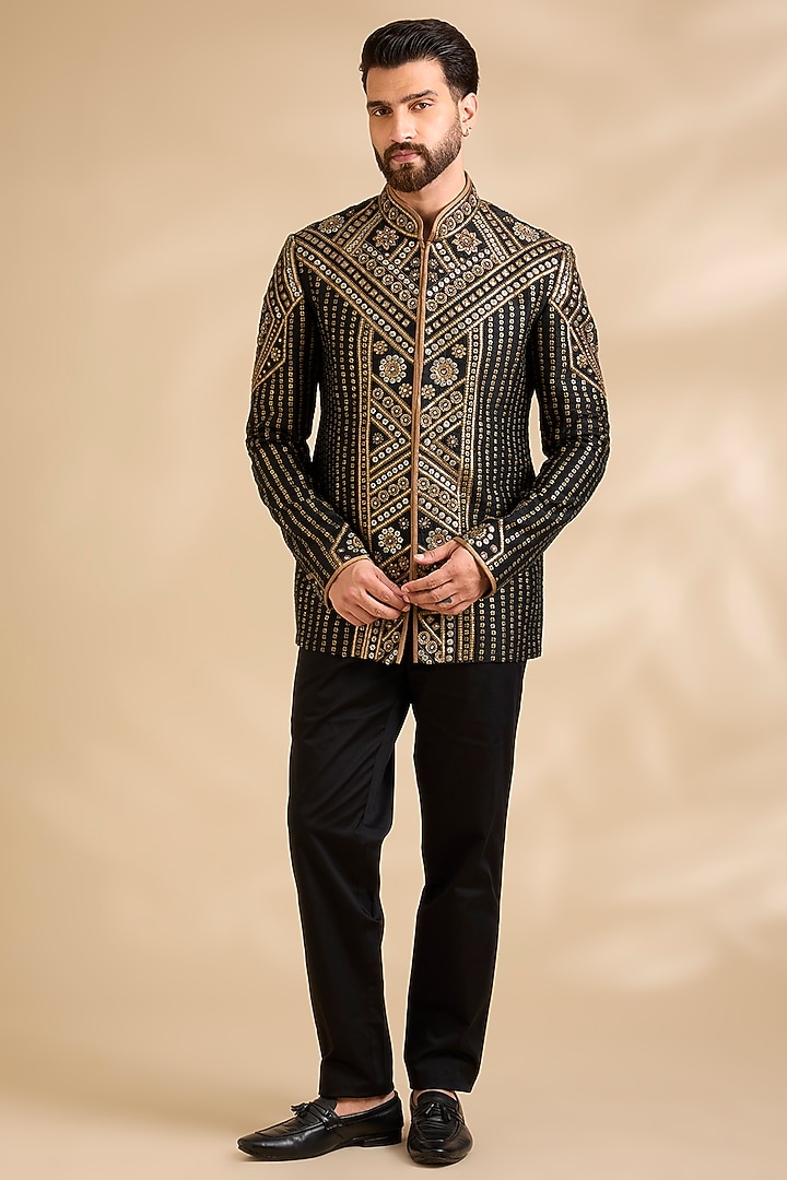 Black Silk Embroidered Groom Bandhgala Set by JJ Valaya Men at Pernia's Pop Up Shop