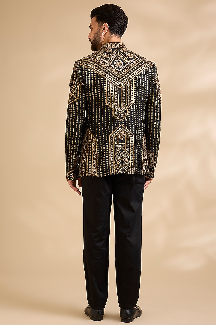 Black Silk Embroidered Groom Bandhgala Set by JJ Valaya Men at Pernia's Pop Up Shop